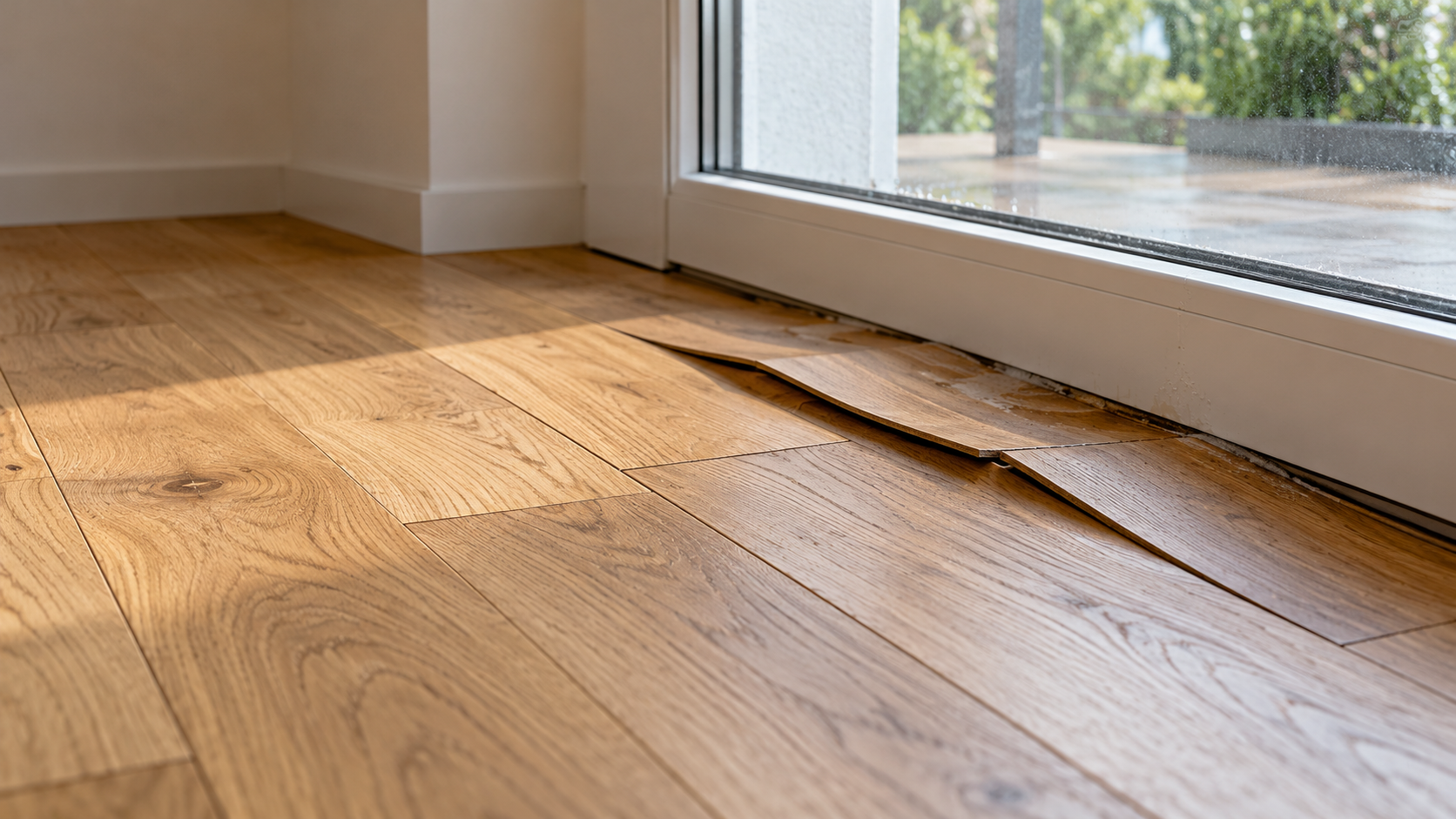 Doghe di parquet in rovere sollevate vicino alla soglia di una finestra bianca, illuminate dalla luce naturale
