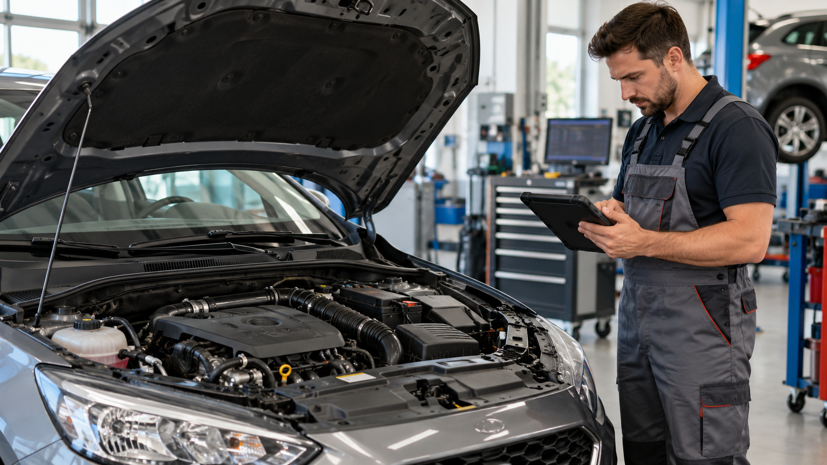 Tecnico con tablet diagnostico accanto a un’auto con cofano aperto in officina